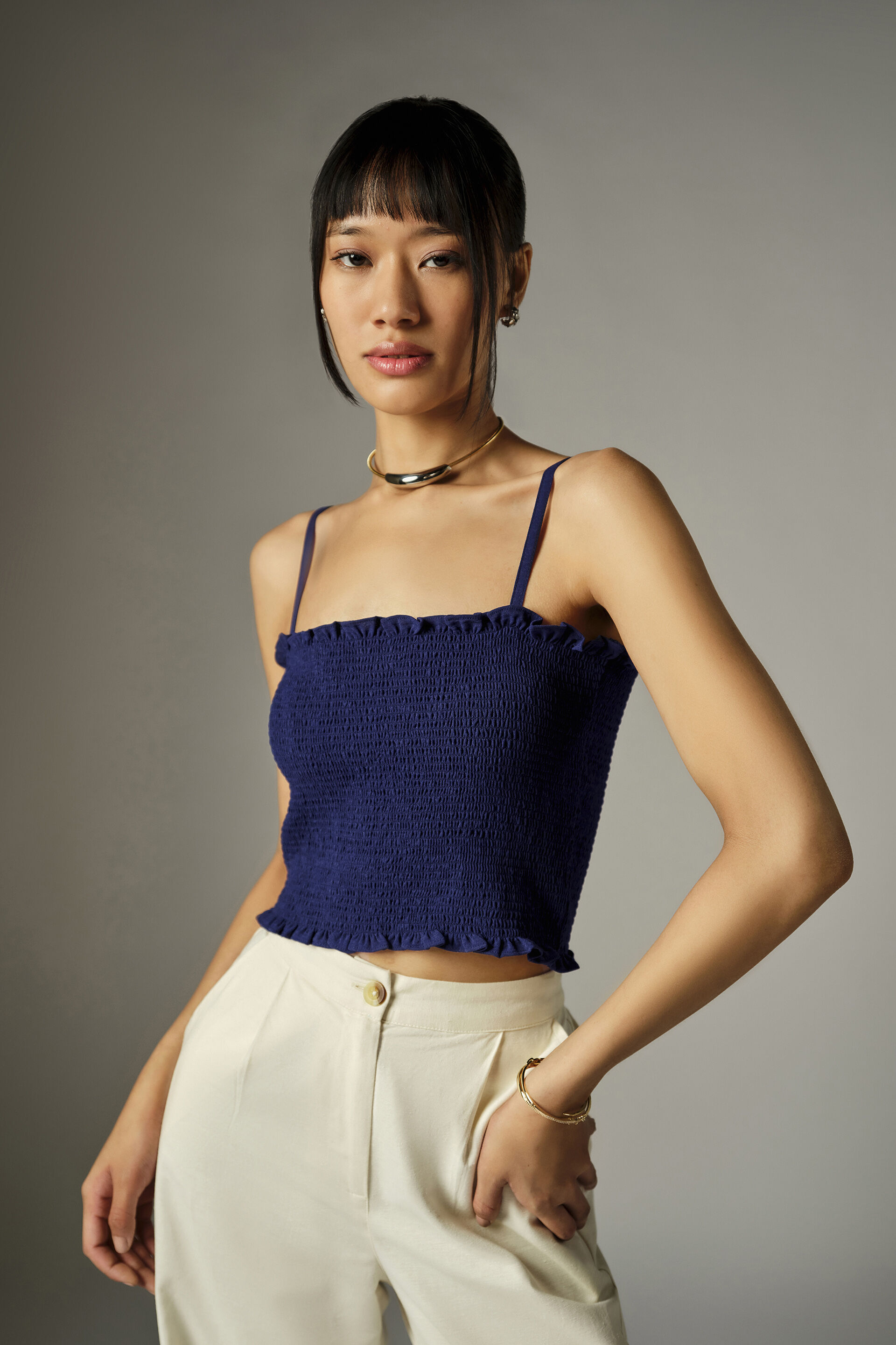 Zoen Navy Smocked Top, Navy, image 3